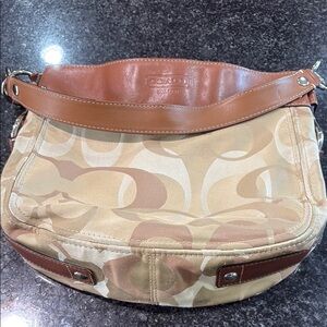 Coach Tan and Brown Shoulder Bag with Signature Monogram